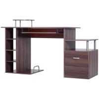 HOMCOM Scrivania per Computer Moderna con Cassetti, Ripiani e Tastiera Estraibile, Scrivania da Ufficio per Casa in Legno Marrone 152x60x88cm(m-10)