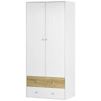 HOMCOM 2-Door Wardrobe with 2 Drawers, Hanging Rod and Anti-tipping Straps for Bedroom Clothes Storage Organisation, White(m-11)