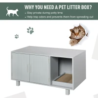PawHut Wooden Cat Litter Box Enclosure & House with Nightstand/End Table Design, Scratcher, & Magnetic Doors, Grey(m-7)