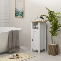 kleankin Meuble de salle de bain sur pied avec placard à 2 niveaux étagère réglable poignées en similicuir 32 x 30 x 80 cm blanc(m-6)