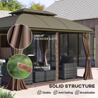Outsunny 3.65 x 3(m) Hardtop Steel Gazebo Canopy with Aluminium Frame, Double Roof, Net Sidewalls and Curtains, Coffee(m-5)