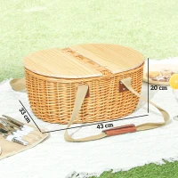 Outsunny Wicker Picnic Basket for 2 with Pine Wood Lid, Picnic Hamper with Cooler Compartment, Cutlery Service Kits, Carry Handle for Camping, Outdoor, Valentine Day, Chirtmas, Birthday, Light Brown(m-3)