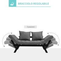 HOMCOM Divano Letto 2 Posti con 3 Posizioni Regolabili Nero e Grigio in Lino e Rovere Elegante(m-5)