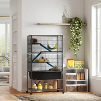 PawHut 5 Levels Rolling Small Animal Cage with Non Slip Ramps, Slide Out 16cm Deep Tray, 88 x 48 x 150.5cm, Dark Grey(m-10)