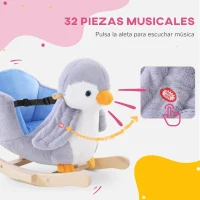 HOMCOM Caballito Balancín para Bebés +18 Meses Forma de Pingüino Caballo Balancín de Madera Músicas Infantiles 60x33x50 cm Gris(m-4)