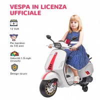 AIYAPLAY Moto Elettrica per Bambini a Licenza Vespa con Rotelle, Fanale e Musica, in PP e Metallo, 107x47x73 cm, Bianco(m-4)