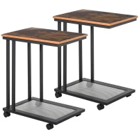 HOMCOM Lot de 2 tables d'appoint, Bout de canapé, Table de lit mobile roulante Vintage Style Industriel avec cadre en acier(m-1)