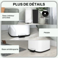 HOMCOM Poubelle de cuisine 30L avec couvercle à fermeture douce et pédale, seau intérieur amovible, 28L x 35l x 63,5H cm, blanc(m-7)