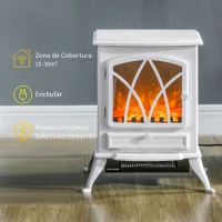 HOMCOM Chimenea Eléctrica 1000W/2000W con Efecto de Llama y Protección Sobrecalentamiento para 15-30 ㎡ 45x28,5x54 cm Blanco(m-4)