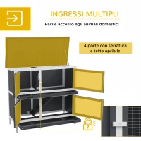 PawHut Conigliera a 2 Livelli in Lego di Abete e Bitume con Rampa, 2 Vassoi Estraibili 4 Porte, 97x44x91 cm, Grigio(m-4)