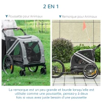 PawHut Remorque à vélo pour chien convertible jogger 2 en 1 pour animaux avec drapeau réflecteurs - gris et noir(m-4)