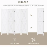 HOMCOM Paravent intérieur 4 Panneaux Style campagnard Chic - séparateur de pièce avec croisillons - Bois de Paulownia Blanc(m-4)