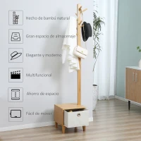 HOMCOM Perchero de Pie de Bambú Perchero con Banco Tipo de Árbol Cajón de Tela y 8 Ganchos para Colgar Ropa 35x35x177cm Natural(m-7)