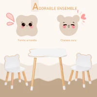HOMCOM Ensemble table et chaises enfant design scandinave motif ourson bois pin MDF blanc(m-5)