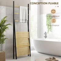 HOMCOM Porte-serviettes pliable 3 barres de suspension et 3 étagères en bambou pour salle de bains, structure métal noir(m-5)