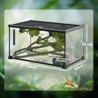 PawHut Glass Reptile Terrarium with Decor Kit, Breeding Tank with Thermometer for Small Animals, 50 x 30 x 25cm, Heated - Black(m-3)