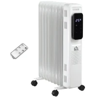 HOMCOM 2000W Oil Filled Radiator, 9 Fin Portable Electric Heater with LED Display, 24H Timer, 3 Heat Settings, Adjustable Thermostat, Safety Cut off, Remote Control, White(m-1)