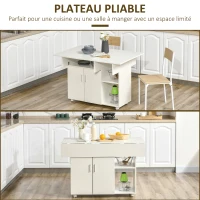 HOMCOM Table de salle à manger pliable, table pliante sur roulettes avec compartiments placard étagère 115 x 73 x 76 cm blanc(m-5)