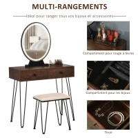 HOMCOM Coiffeuse Table de maquillage moderne - Miroir LED réglable intégré - Tabouret Inclus - pied en métal Noir - 2 tiroirs + 1 Organisateur Imitation Bois Noyer foncé(m-6)