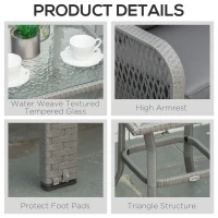 Outsunny 3 Pieces Rattan Bistro Set with Glass Top Coffee Table, Chairs and Cushions for Outdoor, Patio, Balcony, Grey(m-7)