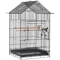 PawHut Jaula para Pájaros con Soporte y Ruedas Bandeja Extraíble 2 Comederos Repisa Inferior Metal para Canarios Periquitos Loros 53x53x147 cm Negro(m-6)