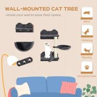 PawHut 4PCs Wall-Mounted Cat Shelves w/ Scratching Post, Hammock, Nest - Dark Grey(m-4)