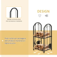 Outsunny Portalegna a 2 Ripiani in Metallo con Paletta, Scopa, Attizzatoio e Pinza, 41.5x32.5x74.5 cm, Nero(m-6)