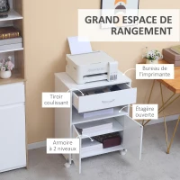 Vinsetto Support d'imprimante mobile avec tiroir, niche et placard 2 portes, étagère réglable, 60 x 39 x 80 cm, Blanc(m-4)