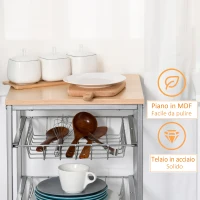 HOMCOM Carrello da Cucina Salvaspazio con 4 Cesti Estraibili in Legno e Acciaio, 36.5x36.5x89 cm, Argento e color Legno(m-6)