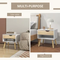 HOMCOM Bedside Table with Drawer and Shelf, Modern Nightstand, End Table for Bedroom, Living Room, Set of 2(m-4)