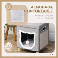 PawHut 2 en 1 Reposapiés Cama para Gatos con Cojín Extraíble Bola Colgante y Almohadilla para Rascar 35,5x35,5x42,5 cm Gris(m-6)