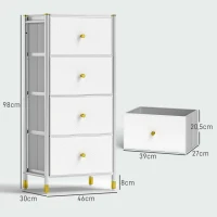HOMCOM Cajonera de Tela con 4 Cajones Plegables con Frentes de PU y Marco de Acero Cajonera para Dormitorio Salón Blanco(m-3)