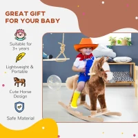 HOMCOM Kids Children Plush Rocking Horse Wooden Base Ride On Toy Rocker with Handle Grip Traditional Toy Fun Gift for Age 3+ (Brown)(m-4)