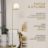 HOMCOM Lampadaire lampe à pied en métal avec abat-jour câble de 180 cm avec interrupteur à pied 30 x 25 x 159 cm or blanc(m-6)