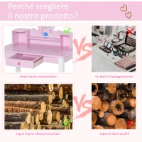 HOMCOM Toeletta per Bambine +3 Anni in Legno, Set Tavolo da Trucco Giocattolo con Specchio e Sgabello, Rosa(m-6)