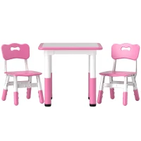 AIYAPLAY Height Adjustable Toddler Table and Chair Set, 3-Piece Children Activity Table w/ 2 Chairs for Playroom, Bedroom - Pink(m-11)