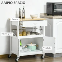 HOMCOM Carrello Cucina con Cassetto Armadietto e Scaffale, Carrellino Portavivande con Piano in Bambù e 4 Ruote, Bianco(m-4)