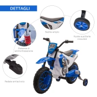 HOMCOM Moto da Cross Elettrica per Bambini da 3-5 Anni, Moto Elettrica per Bambini con Batteria 12V Ricaricabile e Rotelline Rimovibili, 106.5x51.5x68cm, Blu(m-6)