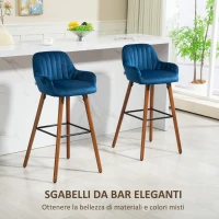 HOMCOM Set 2 Sgabelli da Bar Moderni in Velluto con Schienale e Braccioli, Base in Legno e Poggiapiedi, Blu Scuro(m-4)