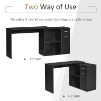 HOMCOM L-Shaped Desk, Corner Computer Desk, Adjustable Study Table with Storage Shelf, Drawer and Cabinet, Workstation for Home Office, Black Wood Grain(m-5)