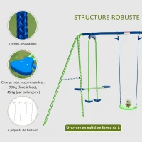 Outsunny Balançoire portique pour enfant 3 en 1 avec 1 balançoire face à face et 2 sièges de balancelle, balançoire enfant extérieur en métal, hauteur réglable, charge 180 kg, pour 3+ans, vert(m-5)