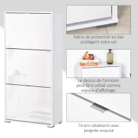 HOMCOM Meuble à Chaussures Armoire à chaussures 3 Portes abattantes 3 Compartiments en bois 60L x 26I x 124H cm Blanc laqué(m-7)