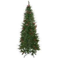 HOMCOM 7ft Pencil Artificial Christmas Tree with Realistic Branches, Red Berries, Auto Open, Green(m-11)