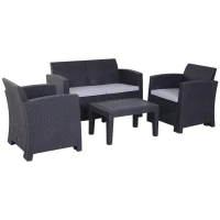 Outsunny Salon de Jardin 4 pers. 4 pièces Style Contemporain Coussins Grand Confort Inclus Polyester Gris Clair résine tressée Noir(m-1)