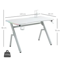 HOMCOM RGB 120 x 66cm Gaming Desk, Computer Table with Carbon Fibre Surface, Headphone Hook, Cup Holder, Controller Rack, Home Office Desk, White(m-3)