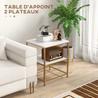 HOMCOM Table d'appoint, bout de canapé avec 2 étagères effet marbre et structure en métal doré, 44L x 40l x 54,5H cm(m-4)