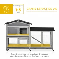 PawHut Clapier bois pour lapins petit enclos animaux villa pour lapin sur roulettes 2 étages 3 plateaux coulissants 157,4 x 53 x 99,5 cm gris(m-4)
