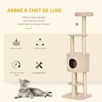 PawHut Arbre à chats avec griffoir arbre à grimper pour chat avec niche et plate-formes peluche haute densité hauteur 148 cm beige(m-4)