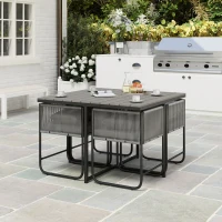 Outsunny 4 Seater Rattan Cube Garden Furniture Set, Rattan Dining Set with Cushions, Outdoor Dining Table and Chairs with Rectangular Wood Grain Plastic Top Table for Patio, Balcony, Grey(m-10)