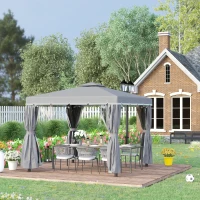 Outsunny 3 x 3(m) Patio Gazebo Canopy Garden Pavilion Tent Shelter Marquee with 2 Tier Water Repellent Roof, Mosquito Netting and Curtains, Aluminium Frame, Dark Grey(m-11)
